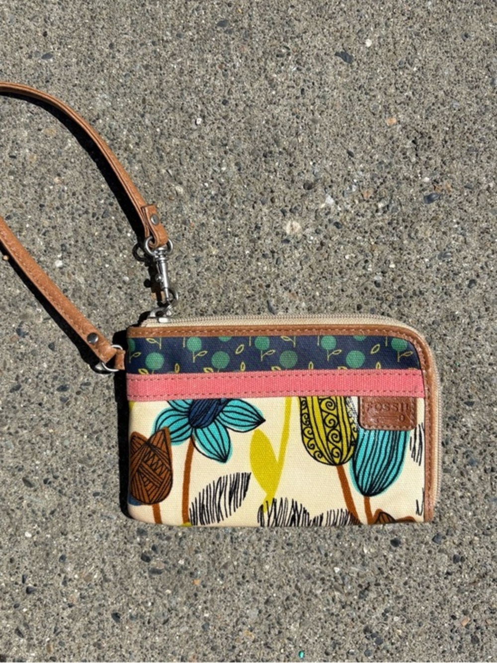 Fossil Floral Canvas Wristlet in Navy, Teal, Coral & Tan